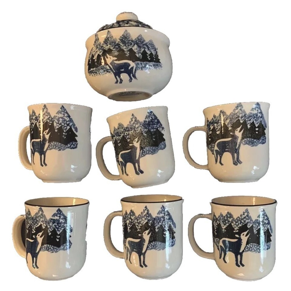 Vintage Wolf Coffee Mugs & Sugar Dish Tienshan Folk Craft Set‎ Of 7 Discontinued
